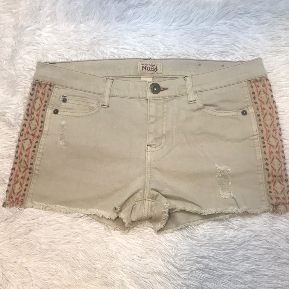 Khaki denim distressed shorts